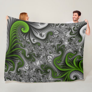 Fantasy World Green And Gray Abstract Fractal Art Fleece Blanket