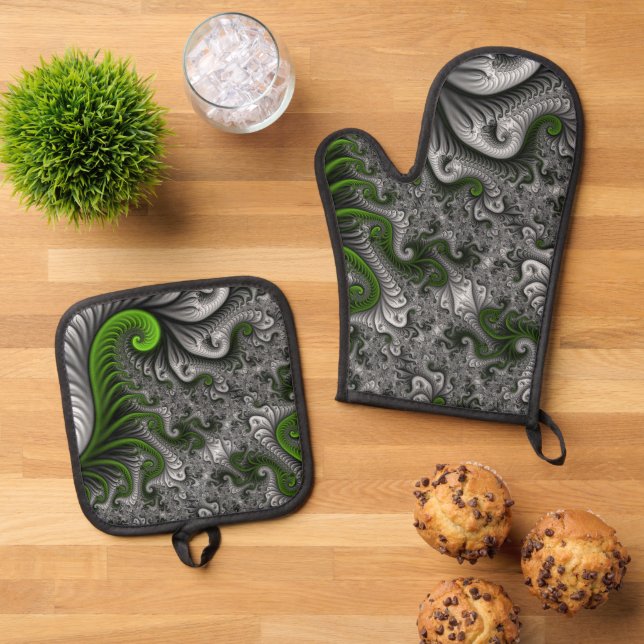 Fantasy World Green And Gray Abstract Fractal Art Oven Mitt & Pot Holder Set (Top Down)