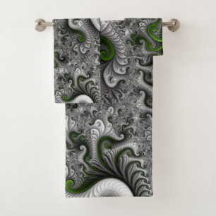 Fantasy World Green And Grey Abstract Fractal Art Bath Towel Set