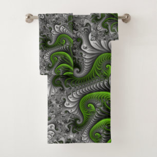 Fantasy World Green And Grey Abstract Fractal Art Bath Towel Set