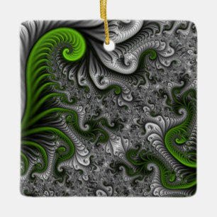 Fantasy World Green And Grey Abstract Fractal Art Ceramic Ornament
