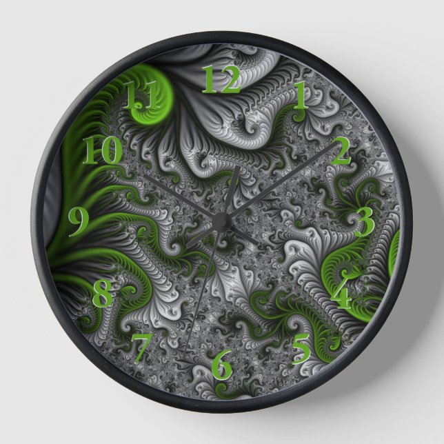 Fantasy World Green And Grey Abstract Fractal Art Clock (Front)