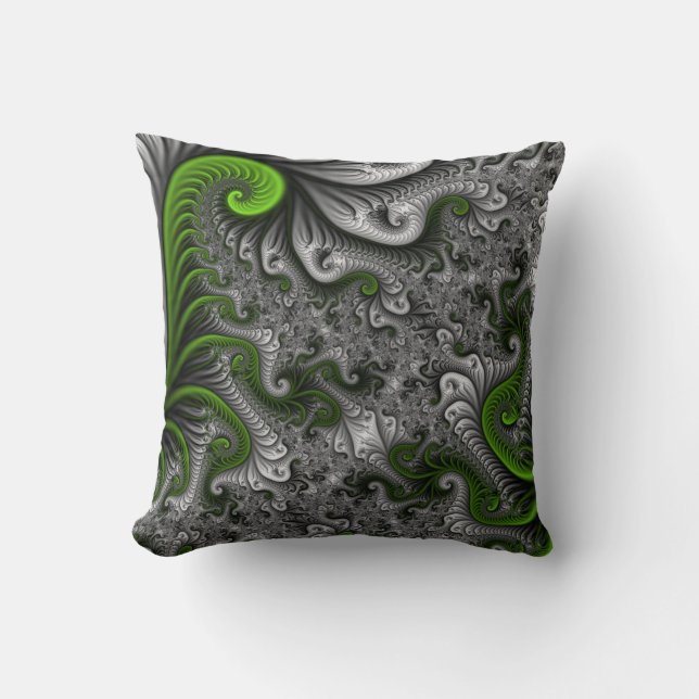 Fantasy World Green And Grey Abstract Fractal Art Cushion (Front)