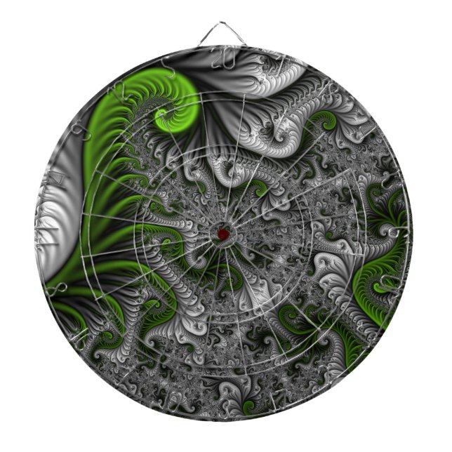 Fantasy World Green And Grey Abstract Fractal Art Dartboard (Front)