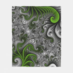 Fantasy World Green And Grey Abstract Fractal Art Fleece Blanket