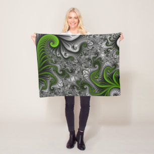 Fantasy World Green And Grey Abstract Fractal Art Fleece Blanket