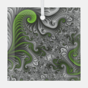 Fantasy World Green And Grey Abstract Fractal Art Glass Tree Decoration
