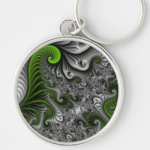 Fantasy World Green And Grey Abstract Fractal Art Key Ring