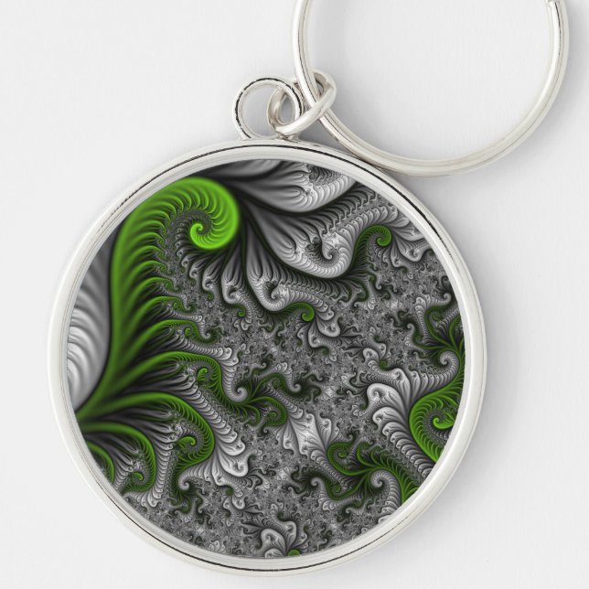 Fantasy World Green And Grey Abstract Fractal Art Key Ring (Front)
