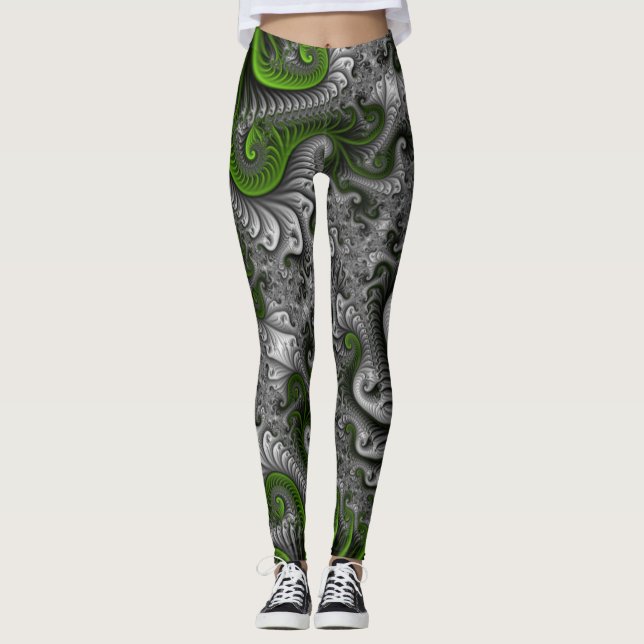 Fantasy World Green And Grey Abstract Fractal Art Leggings (Front)