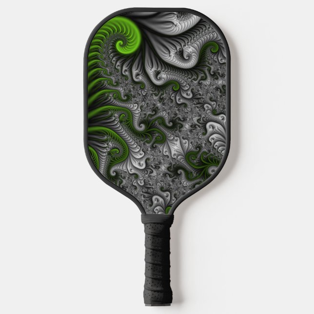 Fantasy World Green And Grey Abstract Fractal Art Pickleball Paddle (Front)