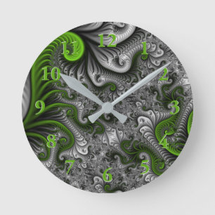 Fantasy World Green And Grey Abstract Fractal Art Round Clock