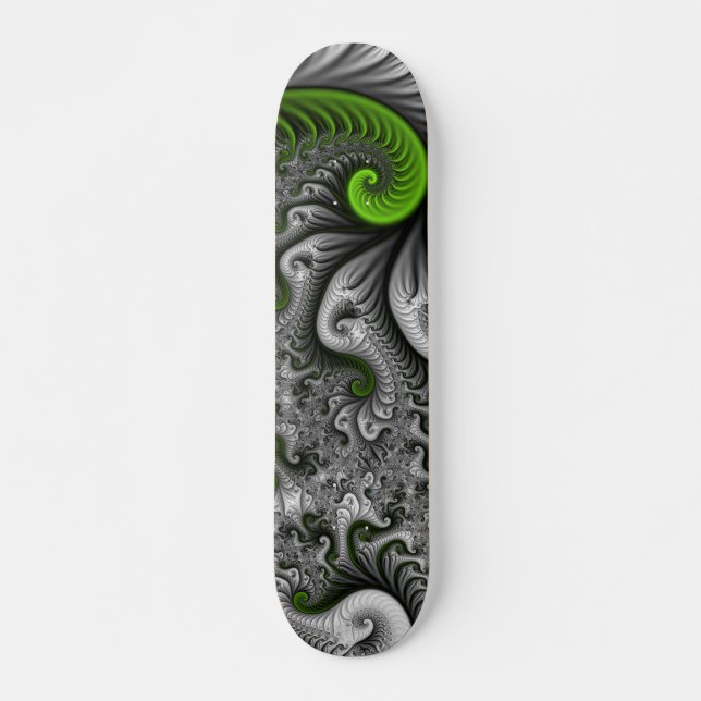 Fantasy World Green And Grey Abstract Fractal Art Skateboard (Front)