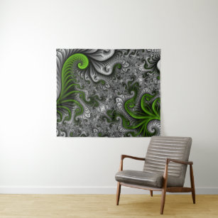 Fantasy World Green And Grey Abstract Fractal Art Tapestry