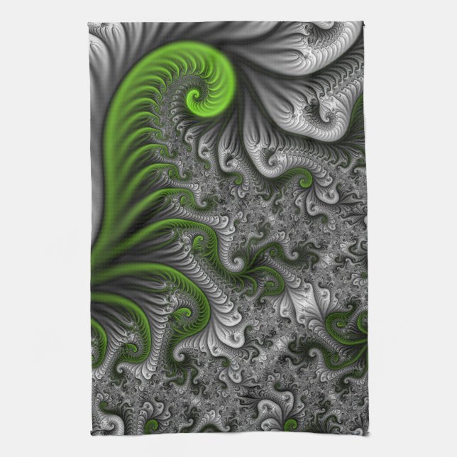 Fantasy World Green And Grey Abstract Fractal Art Tea Towel (Vertical)