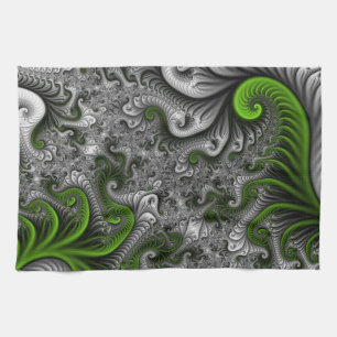 Fantasy World Green And Grey Abstract Fractal Art Tea Towel