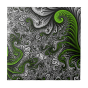 Fantasy World Green And Grey Abstract Fractal Art Tile