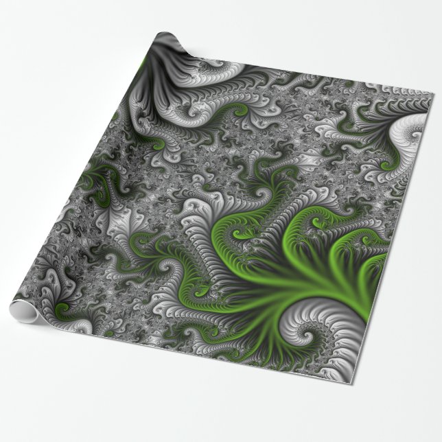 Fantasy World Green And Grey Abstract Fractal Art Wrapping Paper (Unrolled)