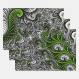 Fantasy World Green And Grey Abstract Fractal Art Wrapping Paper Sheet