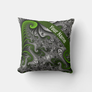 Fantasy World Green Grey Abstract Fractal Art Name Cushion