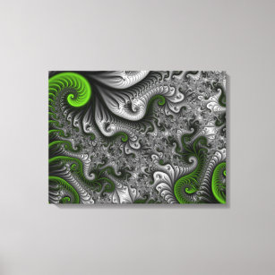 Fantasy World Green Grey Abstract Fractal Triptych Canvas Print
