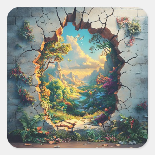 Fantasy World Through a Cracked Wall Design Square Sticker (Front)