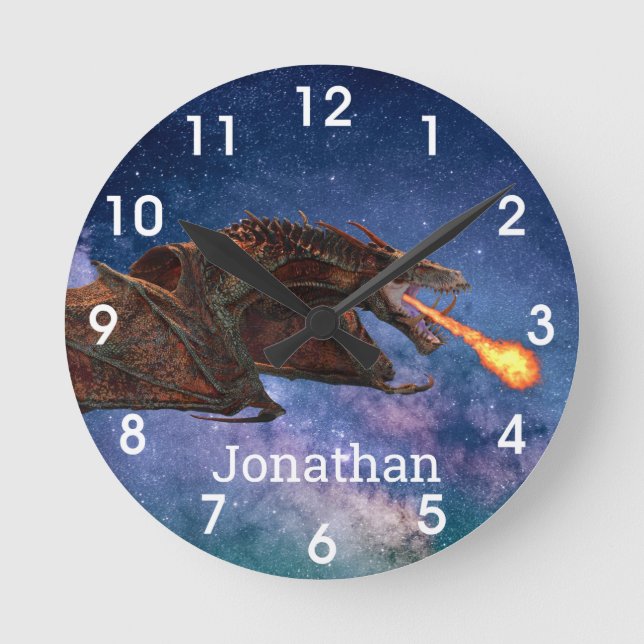 Fantasy Wyvern Fire Breathing Dragon Monogram   Round Clock (Front)