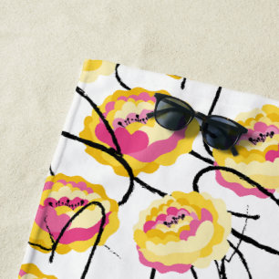 Fantasy Yellow Roses Black Grunge Ink lines Beach Towel