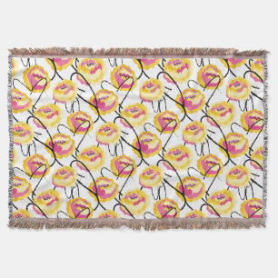 Fantasy Yellow Roses Black Grunge Ink lines Throw Blanket