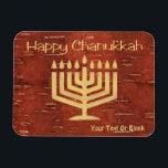 Far North Chanukkah - Inner Birch Bark Magnetic In Magnet<br><div class="desc">Happy Chanukkah from the far north. A digital recreation of a Chanukkah menorah that would be formed by carefully scraping off the reddish outer surface on the reverse side of birch bark (Betula papyrifera) to reveal the lighter, yellowish layer beneath. Text reading, "Happy Chanukkah" appears and you may add your...</div>