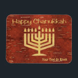 Far North Chanukkah - Inner Birch Bark Magnetic In Magnet<br><div class="desc">Happy Chanukkah from the far north. A digital recreation of a Chanukkah menorah that would be formed by carefully scraping off the reddish outer surface on the reverse side of birch bark (Betula papyrifera) to reveal the lighter, yellowish layer beneath. Text reading, "Happy Chanukkah" appears and you may add your...</div>