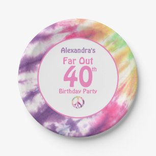 Far Out 40th Groovy Tie Dye Birthday Name Party Paper Plate