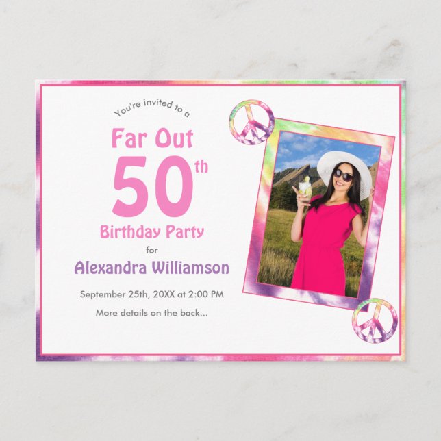 Far Out 50th Groovy Tie Dye Birthday Party Photo Invitation Postcard (Front)