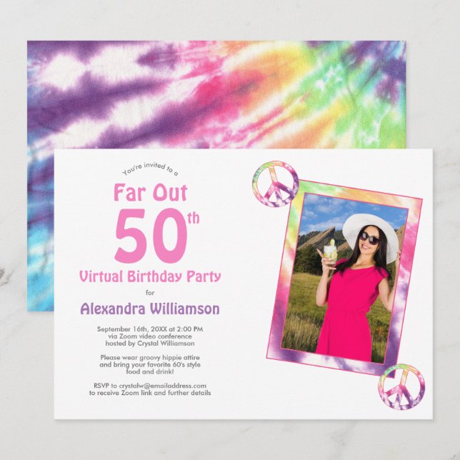 Far Out 50th Tie Dye Virtual Birthday Party Photo Invitation (Front/Back)