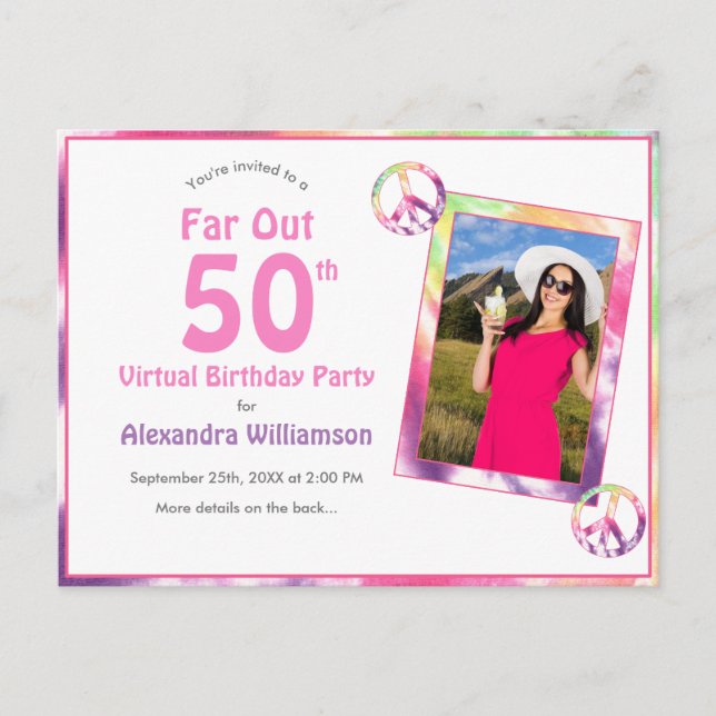 Far Out 50th Tie Dye Virtual Birthday Party Photo Invitation Postcard (Front)