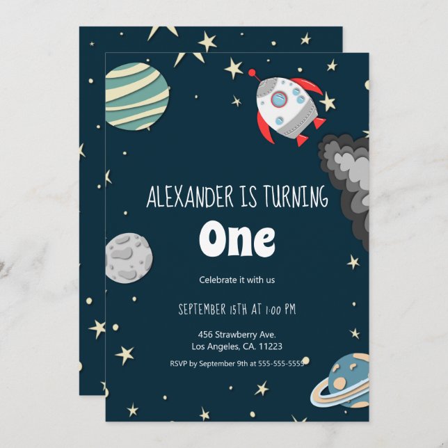 Far Out Rocket and Planets Boy First Birthday Invitation (Front/Back)