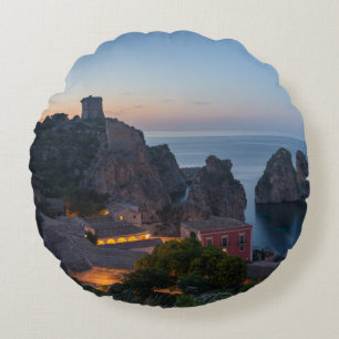 Faraglioni and Tonnara in Scopello, Sicily Round Cushion