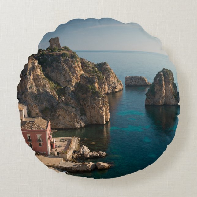 Faraglioni and Tonnara in Scopello, Sicily Round Cushion (Front)