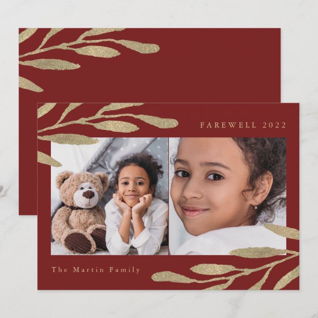 Farewell 2022 Faux Gold Botanical Two Photo Red Holiday Card (Front/Back)