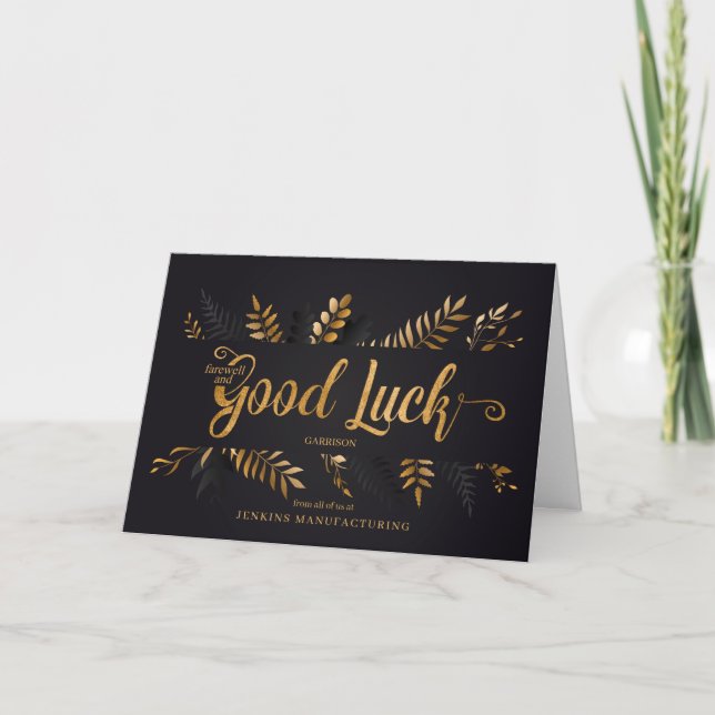 Farewell Good Luck Black Gold Botanical Card (Front)