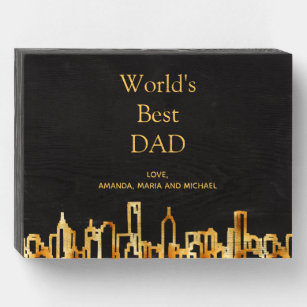 Farher dad black gold city skyline wooden box sign