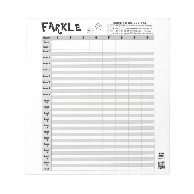 Farkle Score Sheets with Rules Easy Tear Away Notepad (Front)
