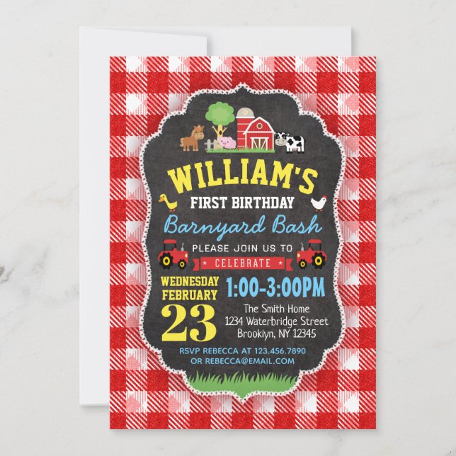 Farm 1st Birthday Invitation Red Tractors Barnyard (Front)