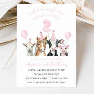 Farm 2nd Birthday Invitation Girl, Editable Pink 