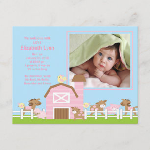 Farm Animal Baby Girl Birth Photo Announcement