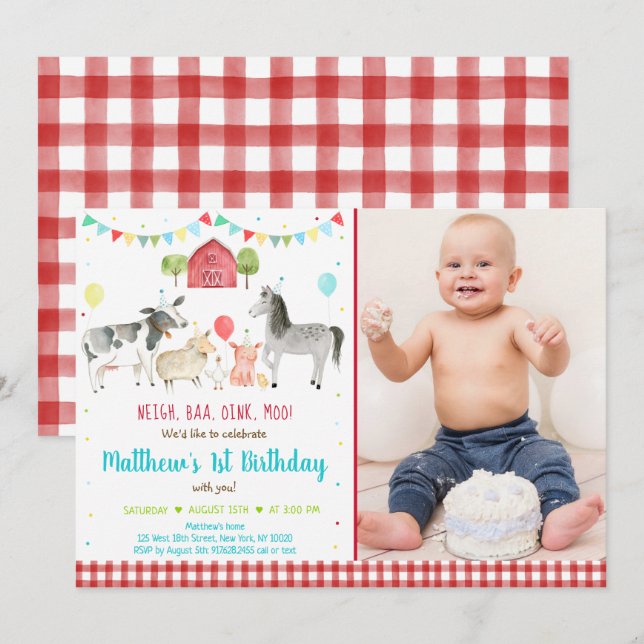 Farm Animal Balloon Birthday Invitation (Front/Back)