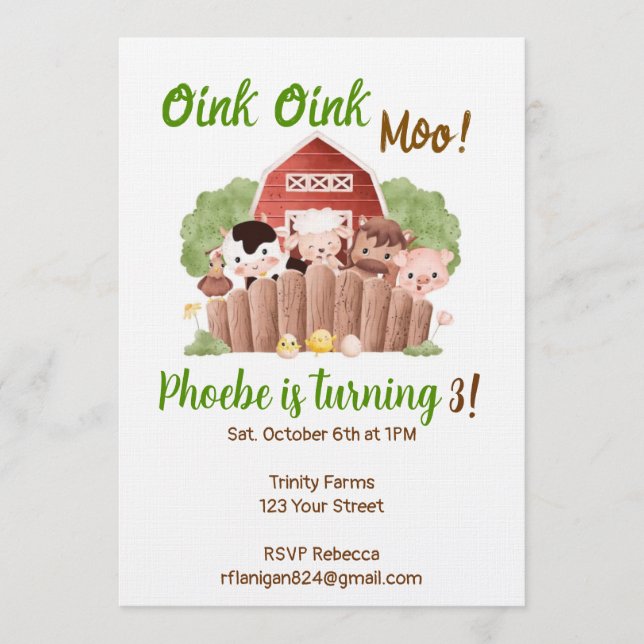 Farm Animal Barnyard Birthday Invitation (Front)