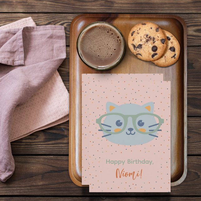 Farm Animal Birthday Cat Colourful Dots (Farm Animal Birthday Card Cat Pink Background Colorful Dots)