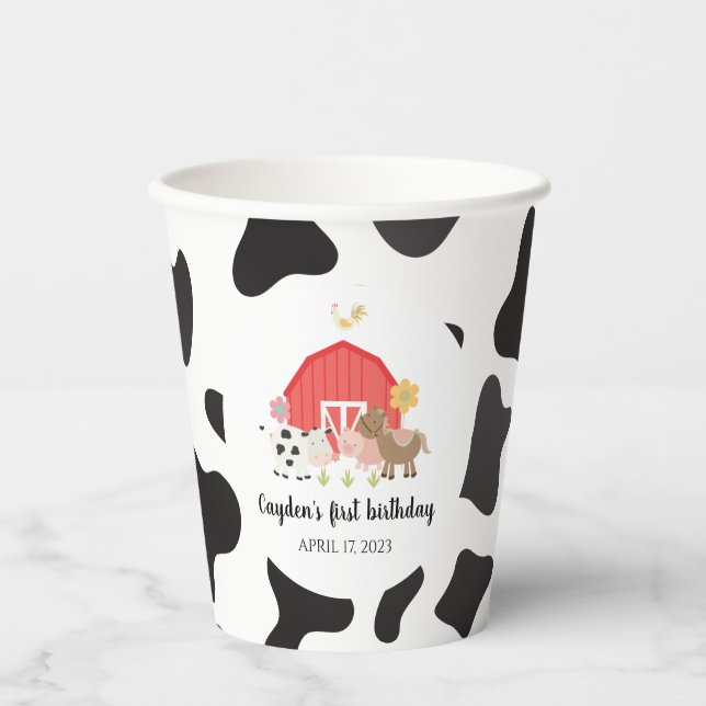 Farm Animal Birthday Cow Print Paper Cups (Front)
