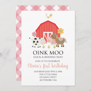 Farm animal birthday invitation with pink plaid